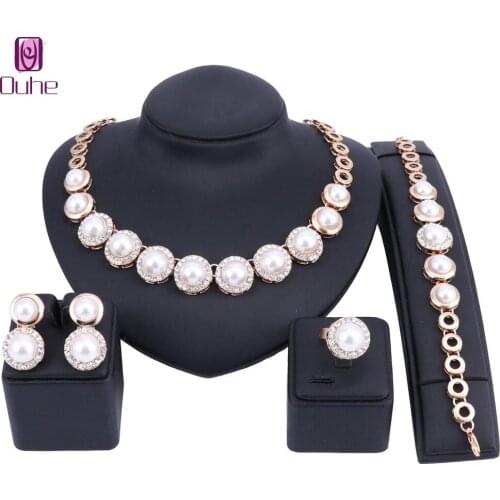 Trendy Women Big Simulated Pearl Crystal Jewelry Sets Wedding Party Dress Accessories Bridal Statement Choker Necklace Set