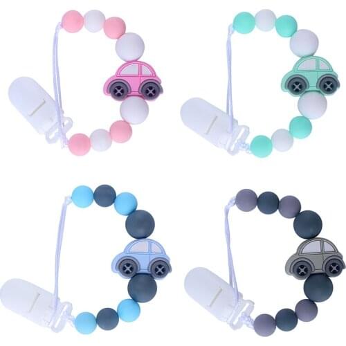 New Baby Boy Girl Pacifier Holder Chain Food Grade Chew Cartoon Car Silicone Beads Infant Pacifier Clips Gifts for Newborns