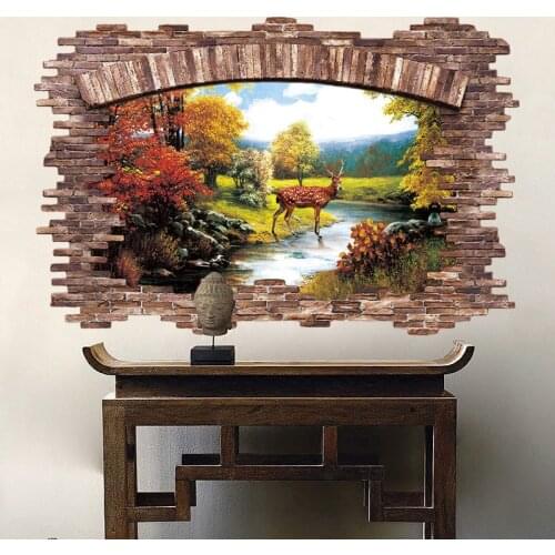 Deer Landscape 3D Wall Stickers Woody Window View Vinyl Decals Children Room Home Decor Wall Decals PVC Wall Decals/Adhesive