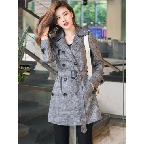 Plaid Trench Coat Womens Business Fashion Style 2020 Autumn Mid-length Coat Europe Vintage Gray Classic Plaid WIndbreaker