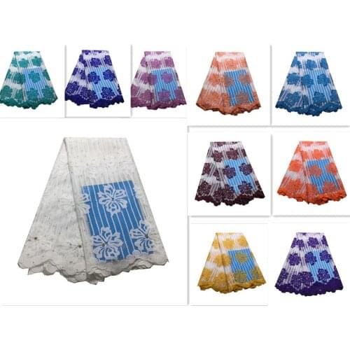 Latest 5 Yards Tulle Rhinestone White Lace Fabric African Swiss Voile Lace High Quality 10 Colors KRL-2918