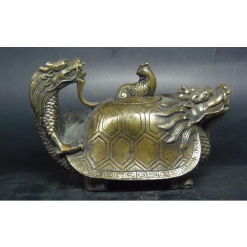 Elaborate Chinese Old Handwork Copper Carved with Dragon Phoenix turtle head statue auspicious Teapot