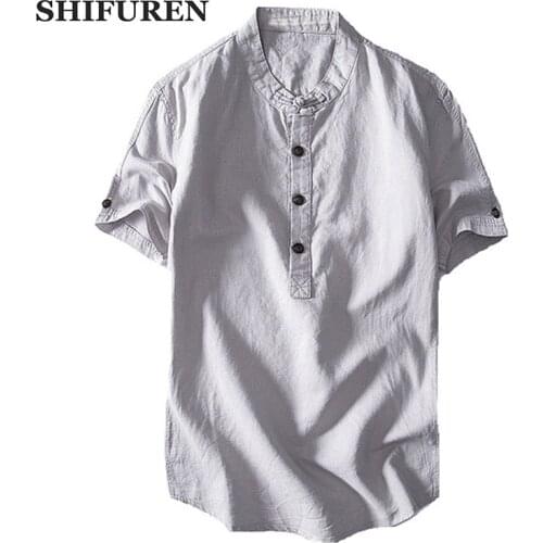 SHIFUREN 2018 New Arrival Men Cotton Linen Shirts Mandarin Collar Shirt Short Sleeve Soft Breathable Male Social Dress Shirts