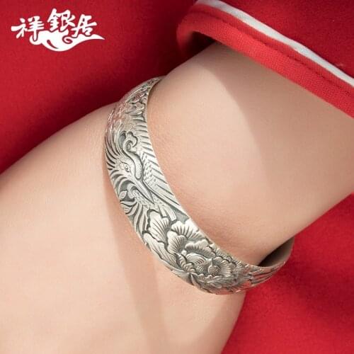 S999 fine silver flakes of yunnan original design phoenix peony silver handmade silver bracelet sent lover