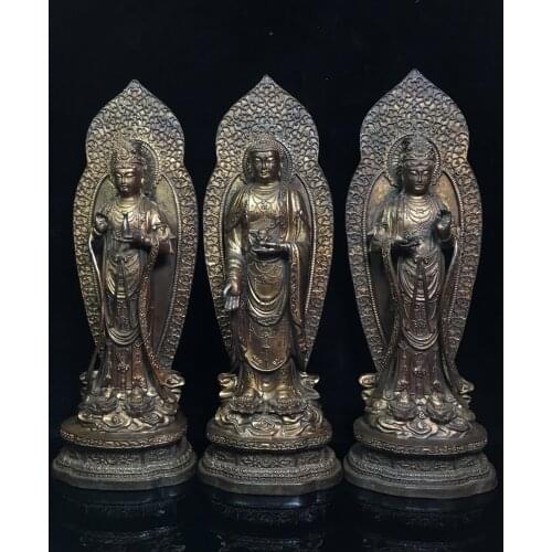 16"Tibet temple Old Bronze Lacquer Cinnabar Three Saints of the West Sakyamuni Guanyin Bodhisattva Statue Three statues Enshrine