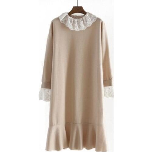 PERHAPS U Women Ruffled Collar Khaki Black Pullovers Long Sleeve Casual Winter Loose Long Midi Dress Lace Patchwork M0856