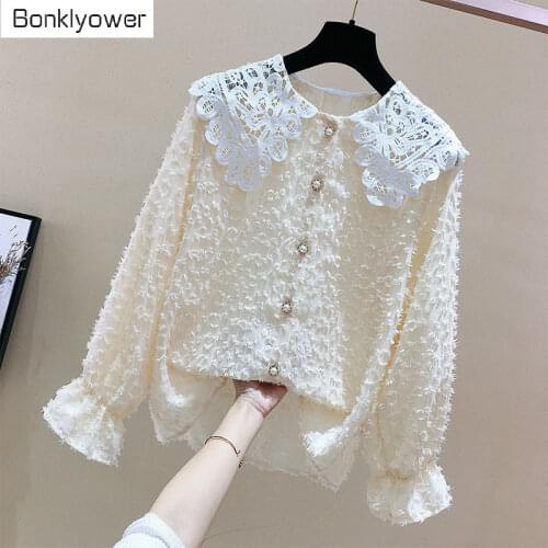 Women Blouse Lace Hollow Loose Long Sleeve White Blouse Womens Spring Autumn Blouse Shirts Ropa De Mujer