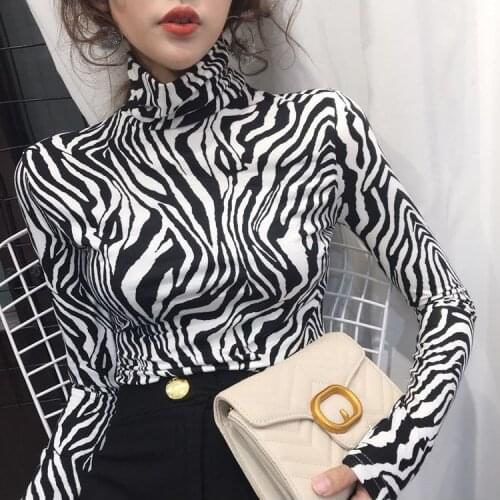 Women Turtleneck Undershirts Spring Autumn New Fashion Office Lady Chiffon Full Zebra Pattern Tights Women Tops High Quality