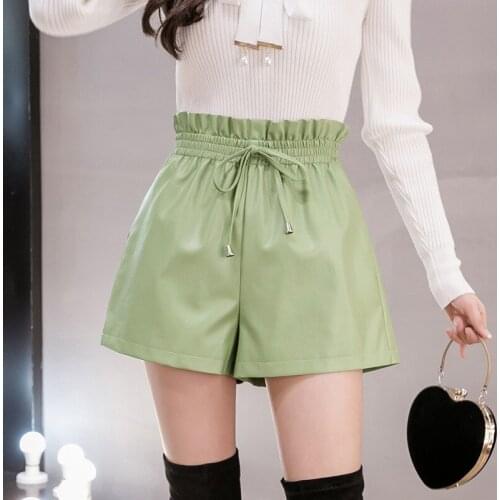 2021 New Pu Leather Shorts Women Elastic High Waist Korean Casual Autumn A-Line Wide-Leg Pants D5280