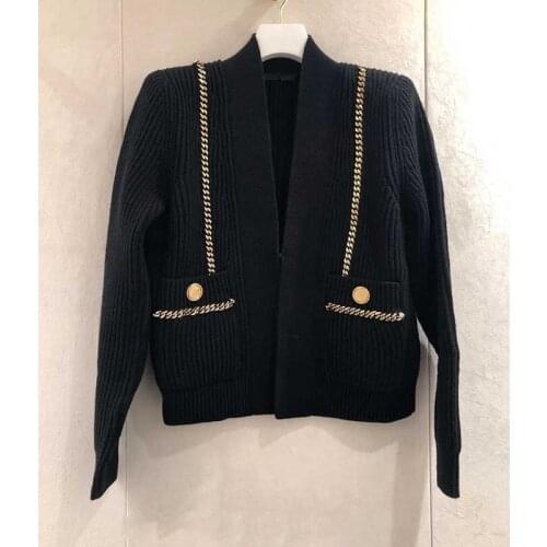 Women 2021 Autumn Winter Cardigan Knitted Jacekt Wool V-Neck Golden Chain Button Pockets Black Knitted Sweater Coat