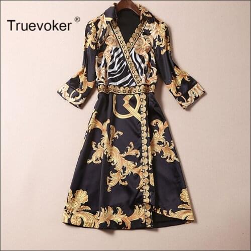 Summer Designer Dress Women Turn Down Collar 3/4 Sleeve Royal Baroque Printed Vintage Plus Size 2XL Dress