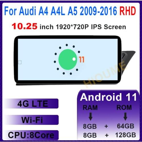 10.25“ 8 Core 8+64G Android 10 Car Multimedia Player GPS Navigation for Audi A4 A4L A5 B8 RHD 2009-2016 Radio Stereo Head Unit