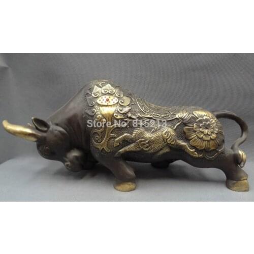 Bi001077 22" Chinese Bronze Zodiac Wealth Carved Dragon Kylin Flower Cai Bull Ox Statue