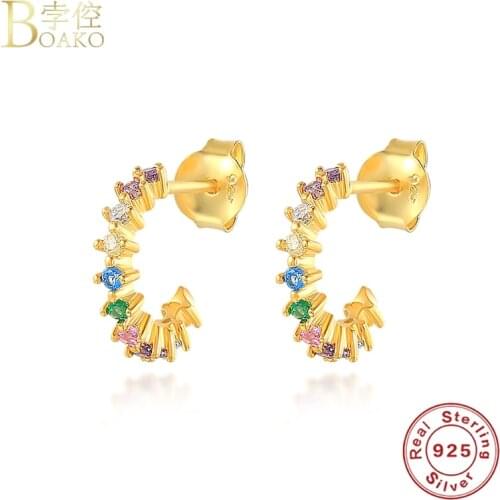 BOAKO 925 Sterling Silver Earrings For Women Fine Jewelry Rainbow CZ Piercing Stud Earring Bijoux Party Pendientes Aretes Korean