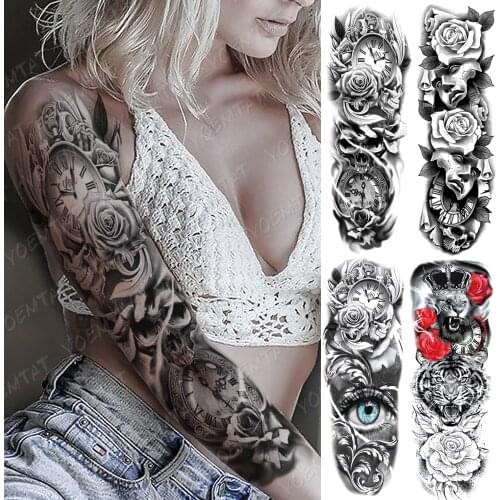 Large Arm Sleeve Tattoo Clocks Rose Eye Lion Waterproof Temporary Tatto Sticker Flower Time Body Art Full Fake Tatoo Women Men
