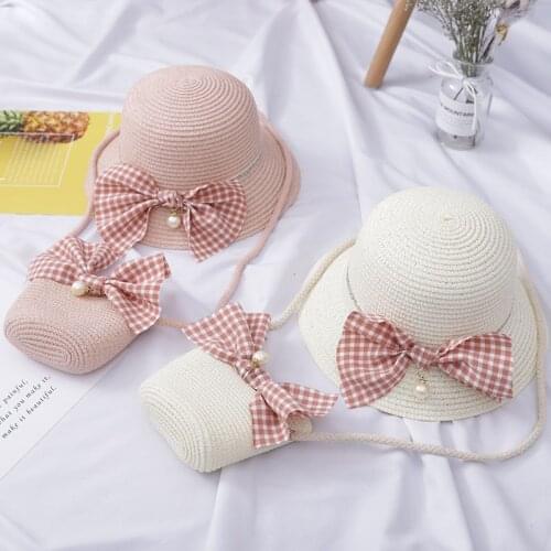 Girls' Lovely Bag Hat Set Summer Outdoor Travel Japanese Beach Sun-Proof Sun Protection Bow Hat