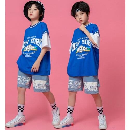New Style Jazz Mdoern Dance Costumes For Boys Children Blue Short Sleeved Loose Shorts Suit Hip Hop Street Dance Wear DQS7668