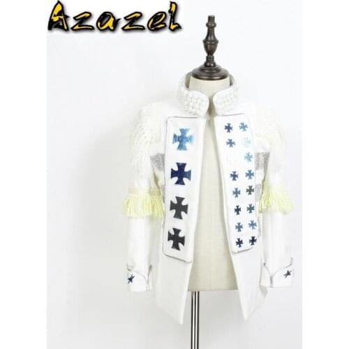 HOT 2020 New Bar host nightclub male singer DJ court dress jacket Fashion personality Men tassel mirror surface stage costume