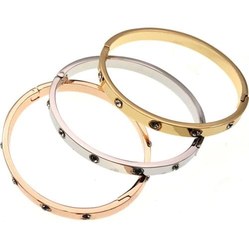Trendy Brand Women Bracelets & Bangles Open Cuff Design Stainless Steel Crystal Bracelets Luxury Gold Jewelry for Wedding 17CM