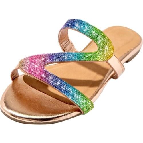 Fasion Women Slippers Summer Open Toe Slides Rhinestone Non-slip Flat Sandals Ladies Beach Shoes Zapatos De Mujer Plus size 43