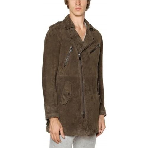 Mens Luxury 100% Sheepskin Suede Leather Long Jacket Motorcycle Genuine Leather Trench Coat Male Biker Zipper Streetwear Jackets