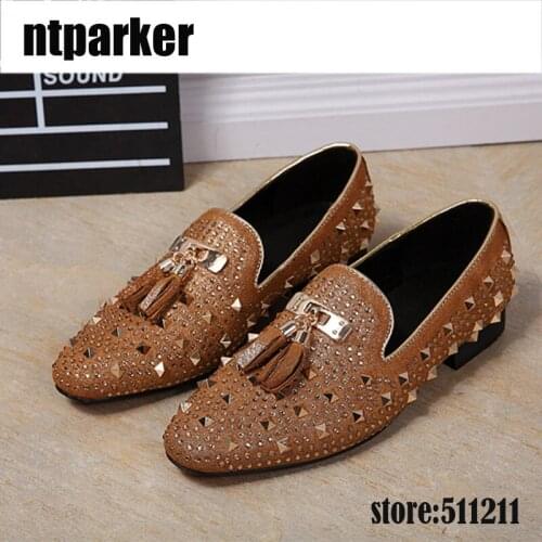 Ntparker-Luxury Design Men Dress Shoes Fashion Rivets Handmade Men Party Wedding Dress Shoes Mens Flats Big Size 38-46