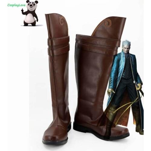CosplayLove Vergil Dark Brown Cosplay Shoes Long Boots Custom Made For Halloween Christmas