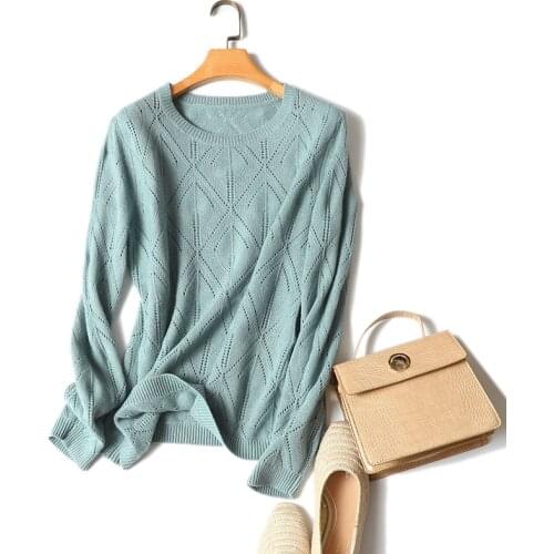 Autumn new hollow out designs crew neck sweaters casual soft high quality 100% pure cashmere morandi pullovers