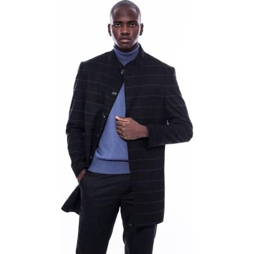 Mandarin Collar Black Checked Coat