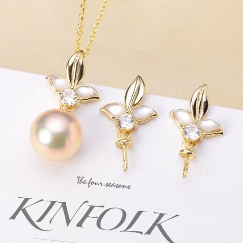Fancy Flower Pearl Pendant Necklace Fittings+Flora Earrings Components S925 Sterling Silver 2Pcs/Set Silver&Gold Color