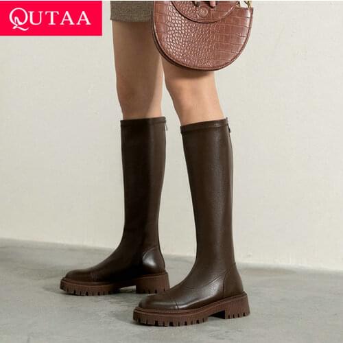 QUTAA 2022 Knee High Stretch Boots Winter Square Med Heel Leather Women Shoes Round Toe Zipper Casual Female Boots Size 34-40