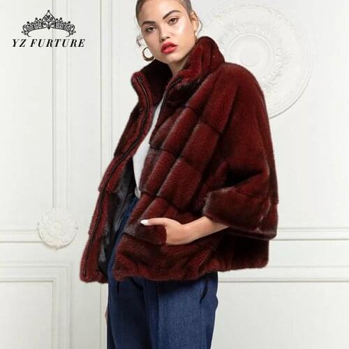 2021 Luxury Red Mink Fur Coat Woman Winter Warm Short Jacket 45cm Long Sleeves Girl Stand-up Collar Fashion Genuine Mink Outwear