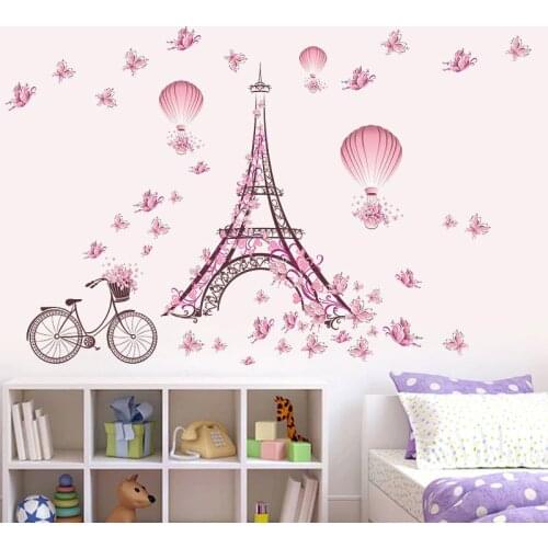 Pink Flower Bicycle Paris Tower Wall Stickers Vinyl Decal Mural Art Butterflies Romantic Eiffel Tower DIY Wedding Bedroom Decor