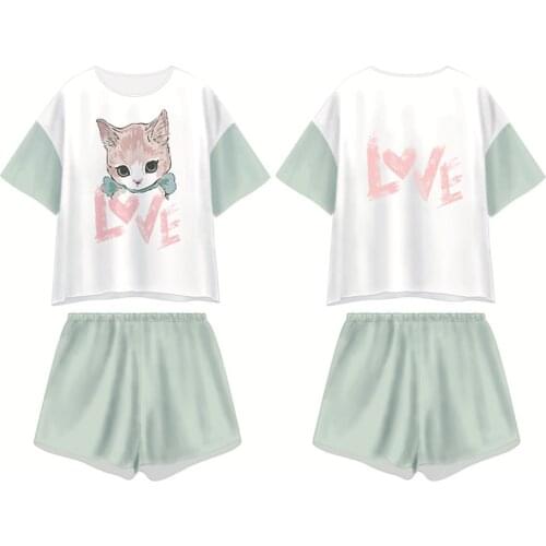 Satin Casual Pajamas Knitted Cotton Cartoon Pj Sets Women 2 Piece Silk Sleepwear Short Pullover Top Shorts Homewear Pijama Mujer