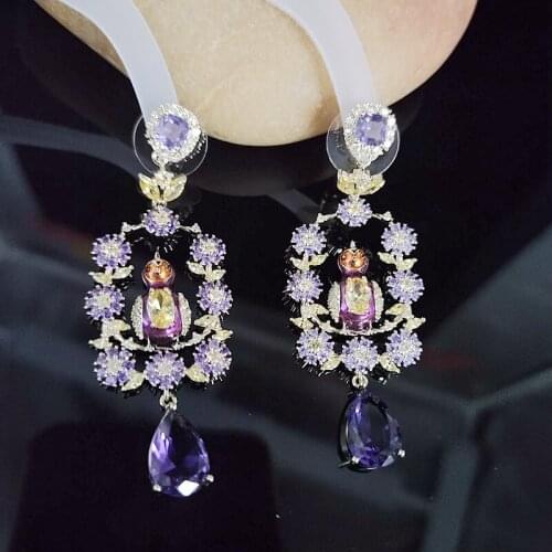 Micro Inlaid 3AAA Zircon Creative Purple Wreath Bird Long Ear Hanging Party Womens Jewelry Earrings