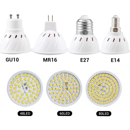 10Pcs/Lot GU10 MR16 E27 E14 Lamp LED Bulb AC 220V 240V Lampara Spotlight Bombillas 48 60 80 LEDs Ampoule Lampadas Warm LED Light
