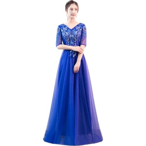 Party Dress Women Royal Blue Embroidery Noble Elegant 2020 New Fashion V Neck Slim Banquet Maxi Dresses Vestidos Feminina CX1364