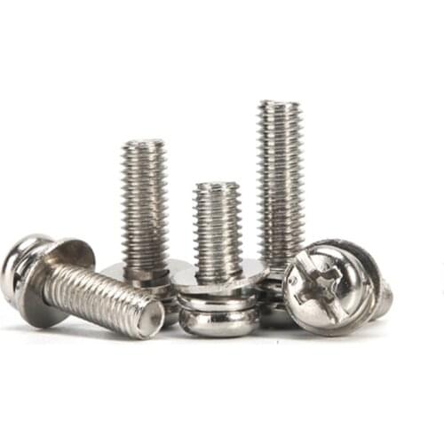50PCS M3 Round Head Cross Combination Screw Carbon Steel Nickel Plated Spring Lock Washer and Plain Washers Assemblies Screw
