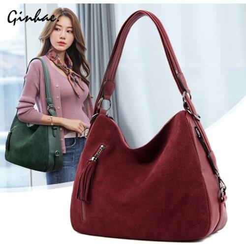 Vintage PU Leather Suede Handbags Women Casual Tassel Tote Bag Ladies Multifunction Large Shoulder Bags Patchwork Hobos Bags Sac
