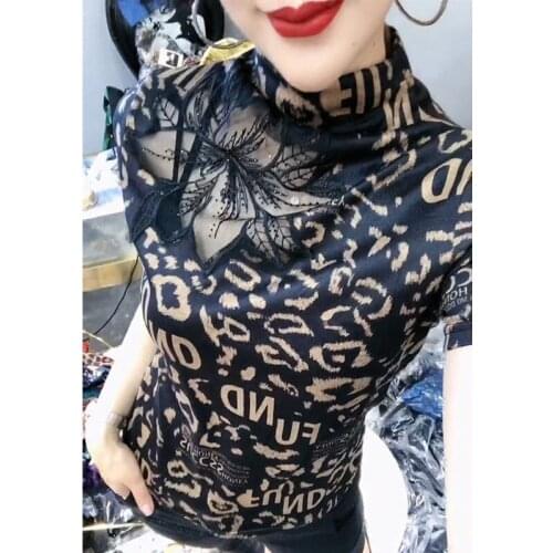 Woman Tshirts Hollow T-shirt Womens Short-Sleeved Leopard Print High-Collar Top Tops Mujer Camisetas
