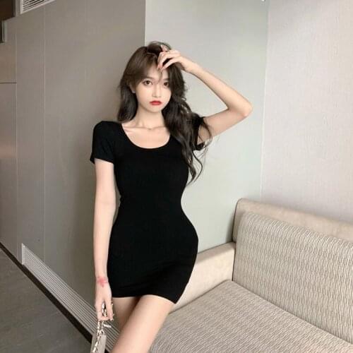 2021 New Summer Korean Temperament Short Sleeve Women Dress Slim Waist T-Shirt Dress Vintage Solid Buttocks Femme Mini Dresses