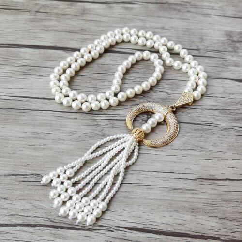 1Pcs New Crescent charm Pendant zircon CZ Micro pave,Natural Shell Pearl Beads tassel Women Fashion Jewelry Necklace NK528