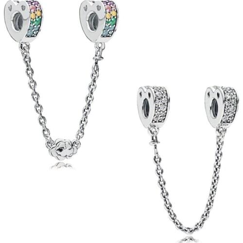 2 Colors Arcs of Love Safety Chain Heart Beads for Charms Bracelets Silver 925 Original DIY Stone Charm Beads for Jewelry Making