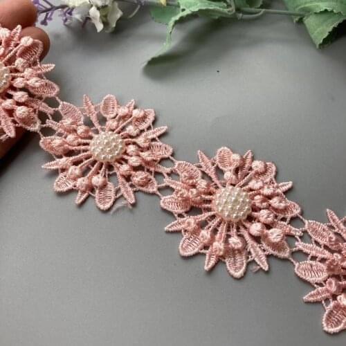 20X Pink Pearl Flower Leaf Handmade Beaded Embroidered Lace Snowflak Trim Ribbon Applique Wedding Dress Sewing Craft 5 X 5cm Hot