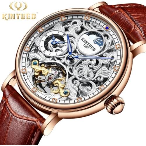 KINYUED Moon phase Skeleton Watches Mens Top Brand Luxury Tourbillon Mechanical Automatic Watch Sports Transparent Reloj Hombre