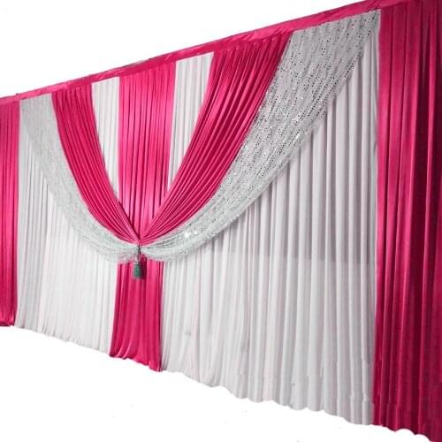 Pure white Wedding Backdrop with sequin Swags 3X6M Satin Party Stage Background Pleated Curtain Wedding party Decorations