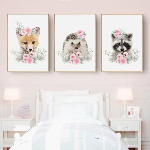 Flowers Animals Nursery Poster Elephant Animal Canvas Art Painting Print Wall Picture Baby Girl Bedroom Decor Hedgehog Fox Owl