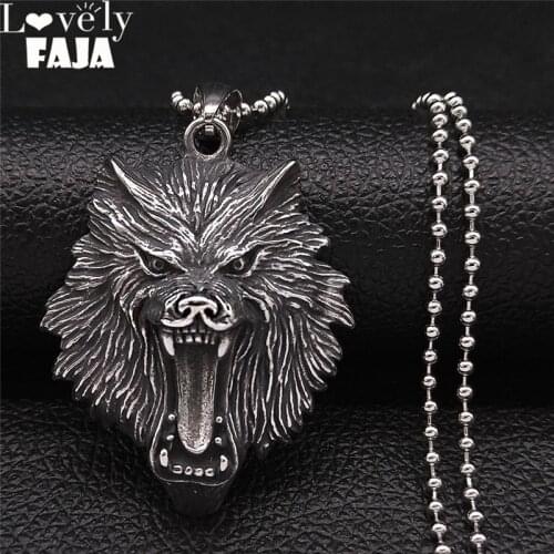 Animal Wolf Head Stainless Steel Choker Necklace for Women Silver Color Big Long Necklace Jewelry collana acciaio N212S03