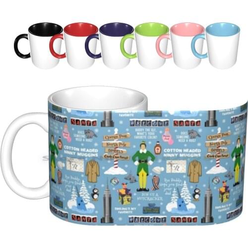 Buddy The Elf Collage , Blue Background Ceramic Mugs Coffee Cups Milk Tea Mug Elf Buddy The Elf Elf Movie Christmas Christmas