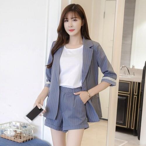 Summer Stripe Suit Suit Ladies Office Uniform Korean Womens Slim Small Suit High Waist Shorts Office Uniform Two-piece Suit Set